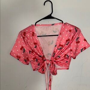 SHEIN Pink Short Sleeve Crop Tie Front Blouse